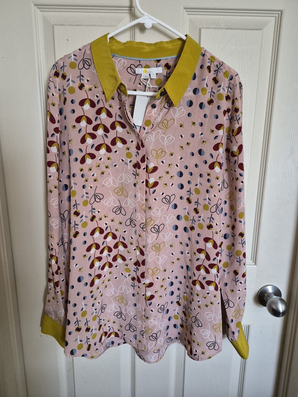 Boden Pink Patterned Button-Up Blouse with Mustard Trim